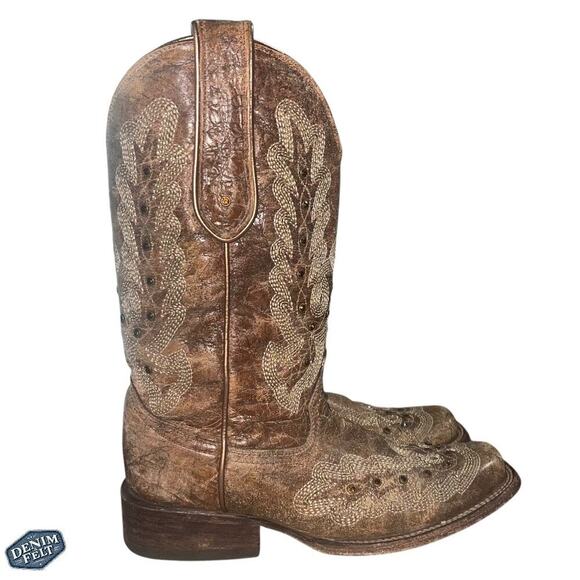 Corral Boots Women’s Metalic Cognac Stitching & Studs Square Toe Western Boots - Picture 3 of 16